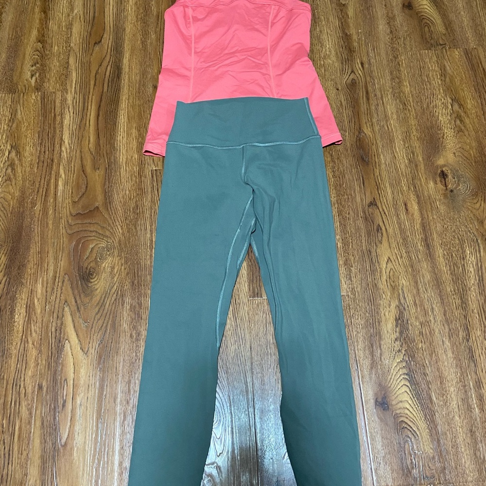 Lululemon Athletica Coral Run distance top and Olive Leggings